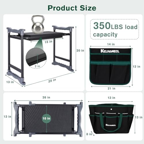 Garden Kneeler and Seat - Extra Wide Thick EVA Pad, Heavy Duty Foldable Garden Bench Holds 350lbs, 2-in-1 Gardening Stool with Detachable Tool Bags, Gardening Gifts for Women, Men & Seniors