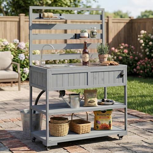 41.7'' Large Patio Rolling Kitchen Island,Solid Wood Kitchen Cart with Sink,Garden Potting Bench with Stainless Table Top,2 Movable Shelves and 1 Bottle Opener (Gray-RK)