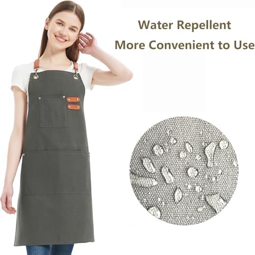AFUN Chef Aprons for Women Men with Oversized Pockets, 12-Ounce Cotton Canvas Cross Back Water Repellent Apron (Grey)