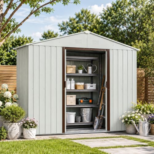 8 x 4 FT Outdoor Storage Shed, Metal Garden Shed with Floor Frame, Tool Shed Outdoor Storage with Lockable Sliding Doors & Air Vents, Storage House Waterproof for Backyard, Lawn, White