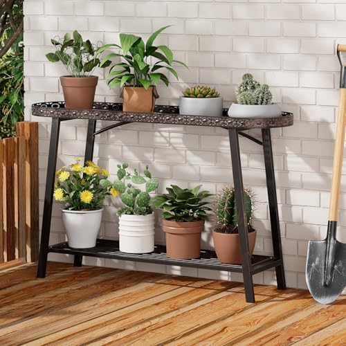 2 Tier Plant Stand Outdoor Indoor Metal Pland Stand, Heavy Duty Tall Plant Shelf Rack Display Flower Pot Holder for Patio Garden Balcony Living Room, Distressed Vintage Black