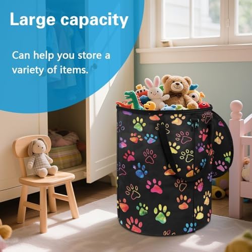 24 Gallon Collapsible Trash Can with Lid and Handles for Outdoor Camping Colorful Animal Paws Print Reusable Garbage Bin Garden Leaf Bin Home and Yard Waster Bag