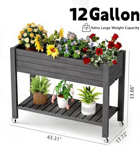 Elevated Raised Garden Bed with Legs, 33.66" Tall Self-Watering Resin Outdoor Planter Box with Storage Shelf, Drain Plug Water & Monitor for Plants Vegetables Flowers Fruits (Black)