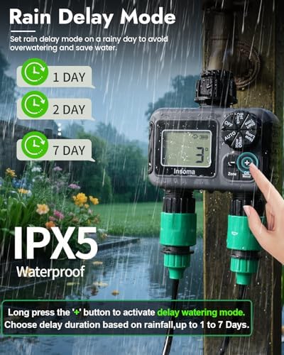 Insoma 2-Zone Sprinkler Timer, Programmable Garden Hose Timer with Auto/Manual/Rain Delay Modes | Water-Saving Irrigation Controller for Lawn, Yard & Drip Systems | Waterproof Design & Easy Setup