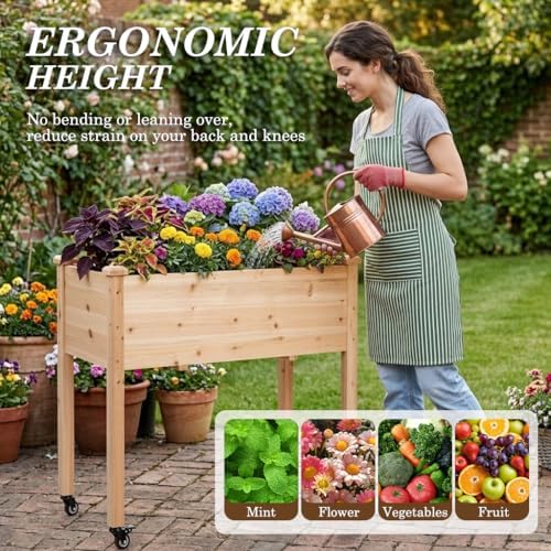 Raised Garden Bed with Lockable Wheels, 32x16x32 inch Elevated Wood Planter with Protective Liner for Vegetable Flower Herb Outdoor Balcony Patio Backyard, Natural