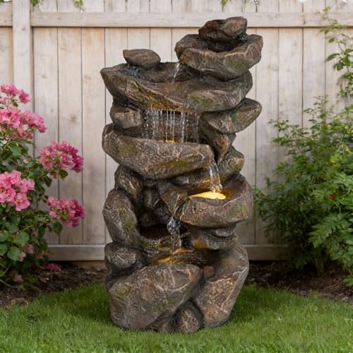 31.5” Outdoor Rock Waterfall Fountain – 5-Tier Rustic Cascading Water Feature with LED Lights | Relaxing Flow & Ambient Glow for Garden, Patio, Yard | Stylish Home Decor Idea