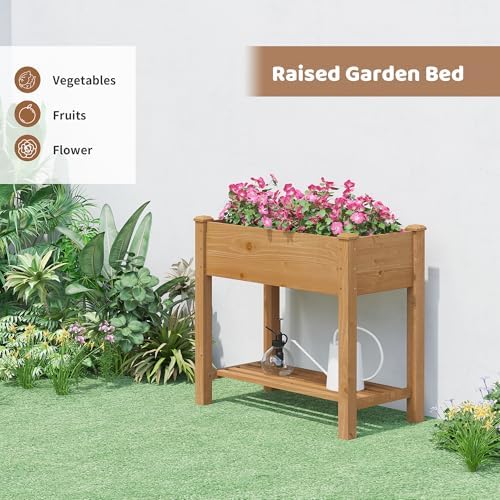 Raised Garden Bed with Legs Elevated Wooden Planter Box Stand Large Planter Stand Box for Fruits Vegetables Flowers with Divider with Bag - 34x18x30.5IN（Brown）