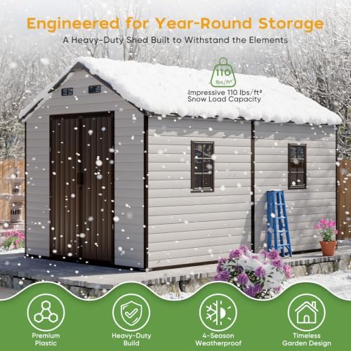8x12 FT Resin Plastic Outdoor Storage Shed with Floor