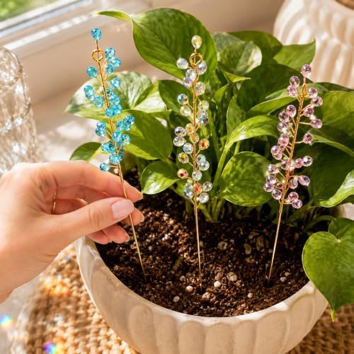 3 Pcs Beaded Crystal Plant Suncatcher Stake for Potted Plants Patio Decor