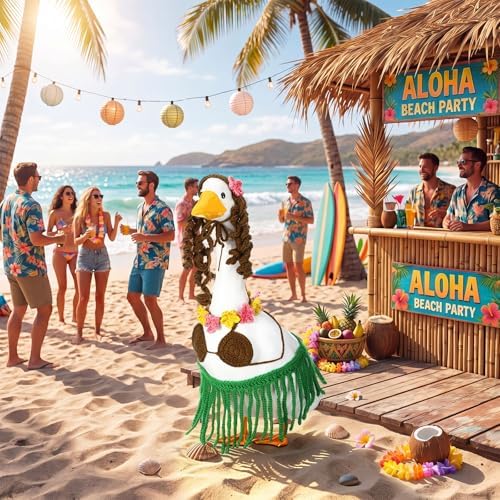 Abbylike Summer Bikini Porch Goose Outfit Hawaiian Crochet Goose Clothes with Wigs Necklace Bikini and Grass Skirt Fit for 23" Statue for Summer Hula Party Yard Lawn Outdoor Decor