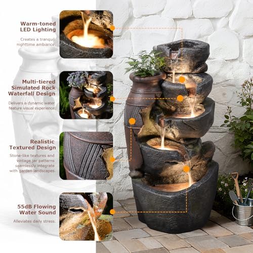 5 Tiered Rock Water Fountain Outdoor Cascading Waterfall Fountain