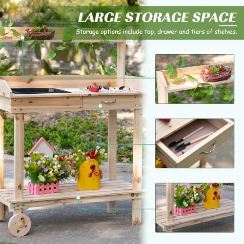 Outsunny 36" Wooden Potting Bench Work Table, 2 Detachable Wheels, Natural