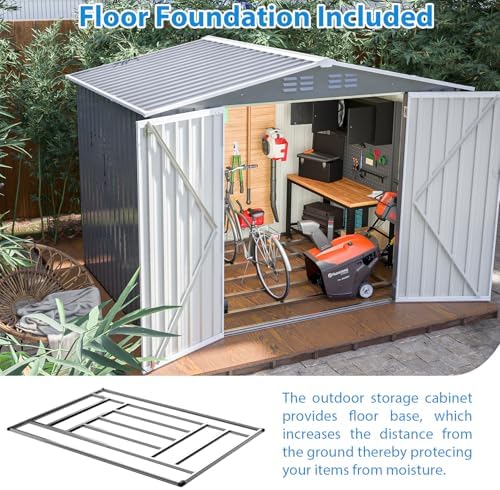 8x6 ft Outdoor Waterproof Metal Storage Shed with Foundation Floor Frame, Lockable Hinged Doors & Air Vents, All Weather Garden Tool Shed for Backyard Lawn, Galvanized Steel - Grey