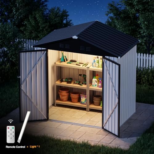 Zamildon's 6x4 FT Outdoor Metal Storage Shed, Weatherproof Galvanized Steel Gable Roof Garden Tool Shed with Lockable Double Doors & LED Light for Backyard Patio Lawn, White
