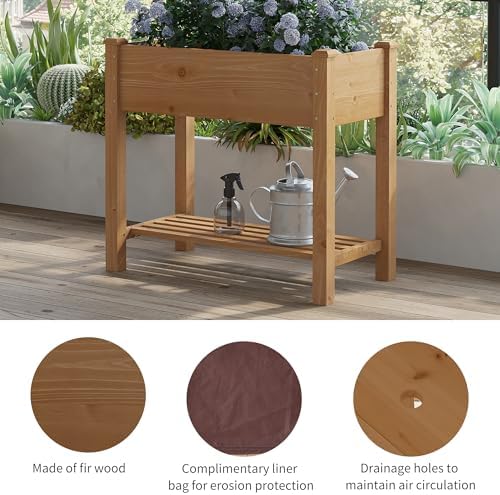 Raised Garden Bed with Legs Elevated Wooden Planter Box Stand Large Planter Stand Box for Fruits Vegetables Flowers with Divider with Bag - 34x18x30.5IN（Brown）