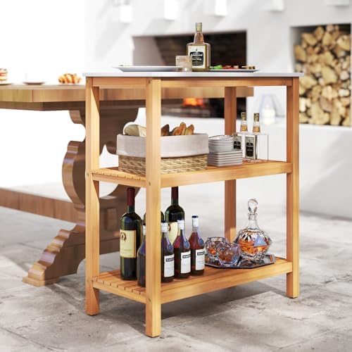 Goplus Patio Wooden Sideboard, 3-Tier Acacia Outdoor Kitchen Buffet Organizer w/Marble-Like Countertop & 2 Slatted Shelves, Garden Potting Bench Table & Plant Stand for Backyard, Garden, Deck