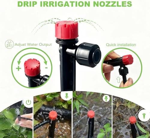 Brass Connector Drip Irrigation System, Quick-Connect Garden Watering System Kit with Adjustable 360° Umbrella & Drip Emitters for Greenhouse, Garden Grid, Lawn, Potted Plant (15FT+ 50FT)