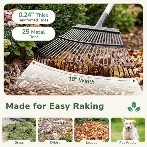 Leaf Rake and Leaf Bags Combo, Adjustable Metal Garden Rake 29''-72'' 25 Tines, 2 Pack 53 Gallon Reusable Yard Waste Bags, Heavy Duty Lawn Rake with Dustpan Leaf Collector for Yard Cleanup