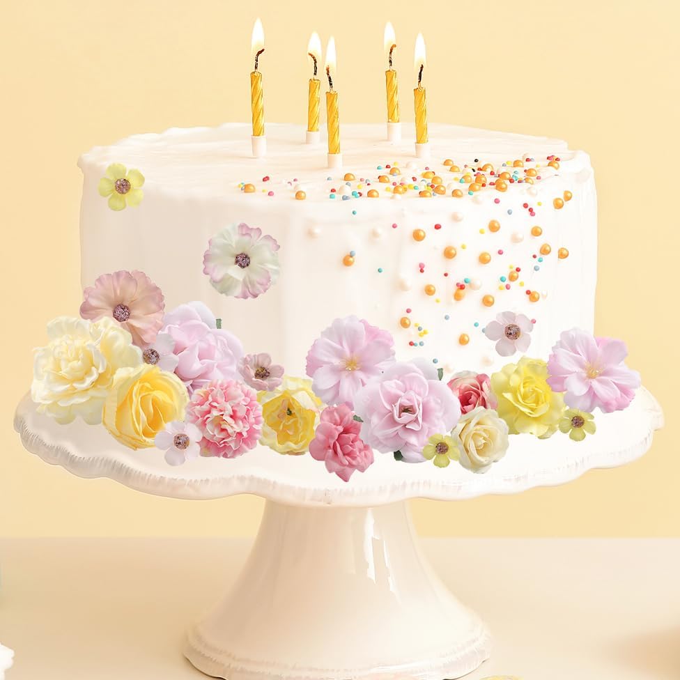 Faux Flower Heads Small Silk Artificial Flower DIY Fake Mini Flowers Rose Daisy Flowers Craft Supplies for Wedding Party Wreath Graduation Season Party Home Decor (125, Yellow Pink)