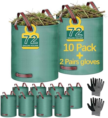 10 Pack 72 Gallon leaf bags reusable yard waste bags lawn bags,Can stand 2 pairs of gardening gloves are included,Suitable for camping yards, can Cleaning debris, leaves,grass clippings