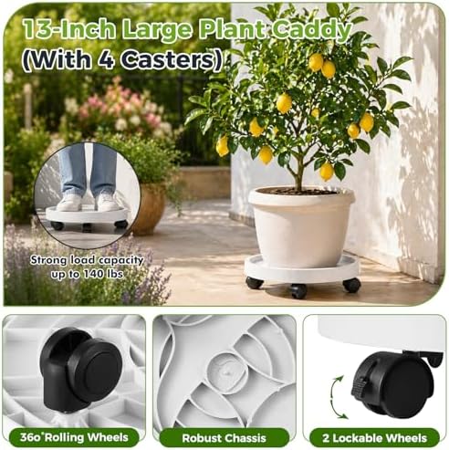 4 Pack 13 Inch Plant Caddy with Wheels Rolling Plant Stand with Casters Plant Dolly Coasters Heavy Duty Large Potted Plant Mover Roller Base for Indoor Outdoor, White