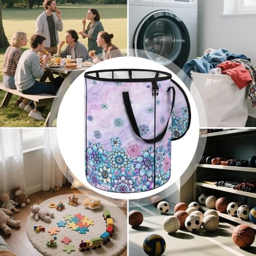 Outdoor Camping Collapsible Trash Can - Purple Boho Flowers Blossom 24 Gallon Large Capacity Garden Leaf Bin Reusable Foldable Yard Waster Bag with Lid and Handles