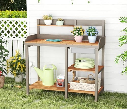 Wooden Potting Bench Table with Sink, Outdoor Garden Table Work Bench with Shelf, Workstation for Outside Patio Lawn