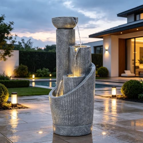 AUTODAYA 31" Modern Outdoor Water Fountain with Lights, Fluted Concrete