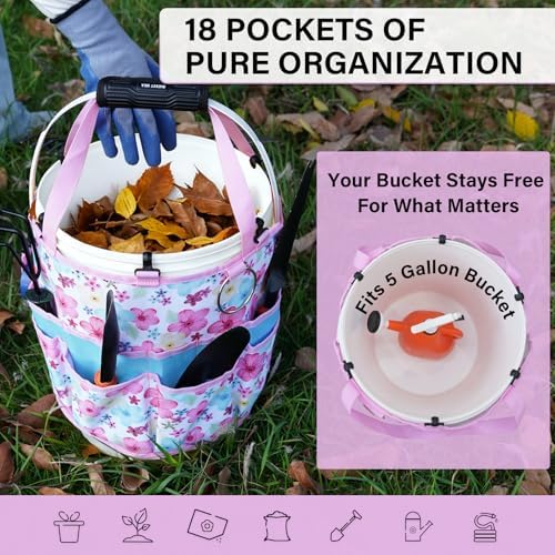 KUNN Gardening Gift for Women Men 5 Gallon Bucket Tool Organizer with 18 Pockets, Heavy-Duty Bucket Buddy Caddy Bag, Garden Tools Organizer Storage with Comfort Grip Handle Pad Attachment,Pink