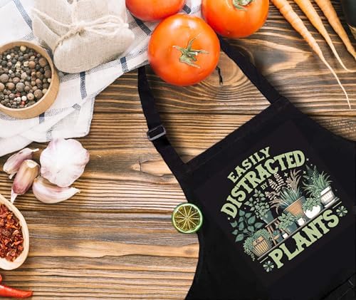 Plant Lover Gifts, Easily Distracted by Plants Gardening Apron for Women with Pockets, Plant Lady Mom Gifts