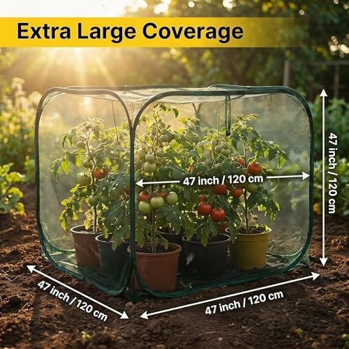 Collapsible Pop-Up Mesh Garden Cover（47''x47''x47''for Square Raised Beds-30% Sunblock，Protective Netting Cage for Vegetables, Fruits & Flowers, Keep Birds and Small Animals Out