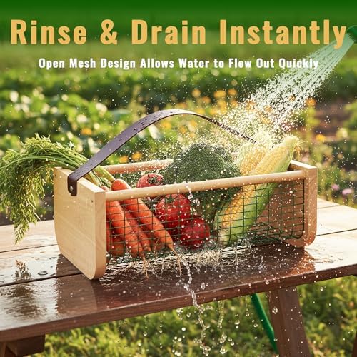 Garden Hod Harvest Basket, 16 x 10 x 7in Gardening Harvest Baskets with Leather Handle, Solid Wood with PVC Wire Mesh, Garden Baskets for Gathering Vegetables