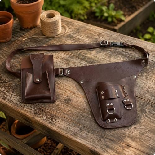 Outdoor Waist Pack Garden Tool Belt Pouch Bag With Multiple Compartments And Adjustable Strap In PU Leather Suitable for gardening yard work planting trimming repairs, Coffee