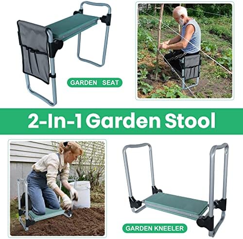 Garden Kneeler and Seat, Smart Design Foldable Heavy Duty Kneeling Bench with Tool Bag and Soft EVA Foam Pad for Senior, Green