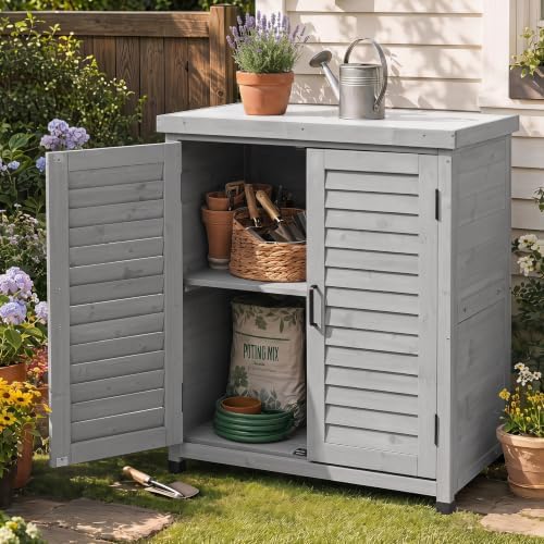 Outdoor Potting Bench with Storage Cabinet and Metal Top, Wood Workstation for Outdoor Patio, Garden (Light Grey, 31x17x36‘’)