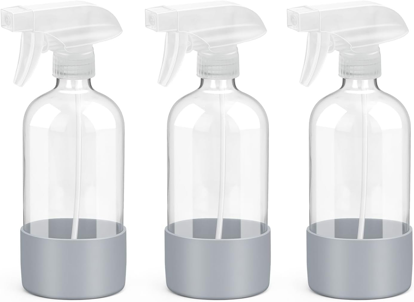 Glass Spray Bottles with Silicone Sleeve Protection, Empty 16 oz Refillable Containers, Reusable Spray Bottles with Adjustable Nozzle for Hair, Cleaning Solutions, 3 Pack Grey