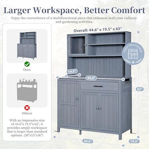 65 Inch Garden Potting Bench with Hutch Top, Gray