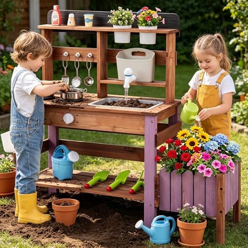 HONEY JOY Mud Kitchen with Planter Box and Running Water, Fir Wood Kids Potting Bench Mud Table, Water Tank & Gardening Tools Set, Sensory Outdoor Play Kitchen for Toddler Girls Boys(Purple)