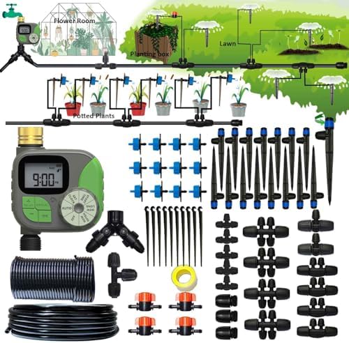 Drip Irrigation System with Water Timer Auto Watering System for Garden 5/16“ID and 1/4 Inch Pipe 162ft Adjustable Spray Kit, for Greenhouse, Garden, Lawn, and for Potted Plants