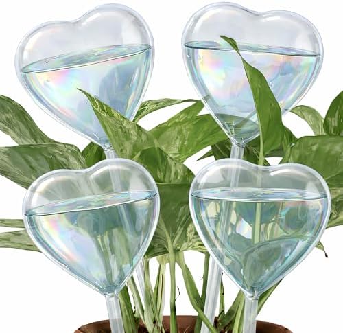 Heart Plant Water Globe, 4 Pcs Set Iridescent Glass Self Watering Bulbs, Heart Shaped Waterer Dripper for Indoor Plants, Outdoor Flowers, Planter Insert Garden Device for Pots