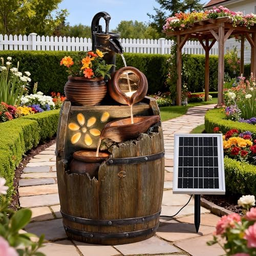 29 Inch Solar Outdoor Water Fountain with Pump Rustic Barrel Fountain