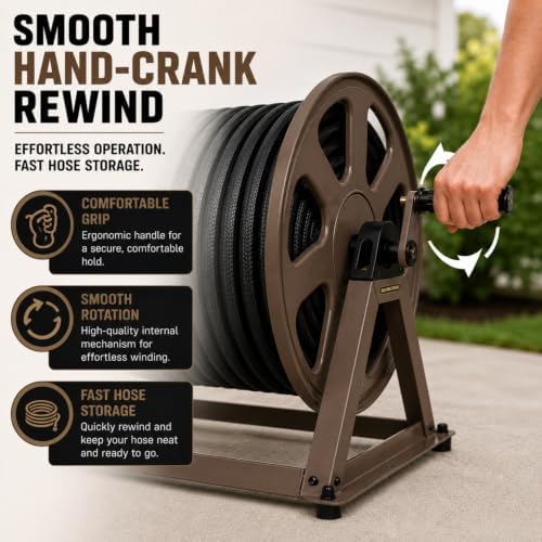 Dual Floor and Wall Mounted Garden Hose Reel, Holds 200ft of Water Hose, Heavy Duty Metal Hose Reel, Space Saving Hose Reel Organizer for Yard, Garage & Shed (Brown)