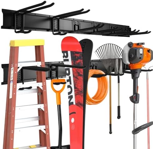 32‘’/48‘’ Garage Storage, Garage Organization, Garden Tool Organizer Wall Mount, 420lbs Adjustable Heavy Duty Metal Hanging Hooks, Yard Rack Hanger System Shovel Rake Broom Ladder Holder, Men Gift