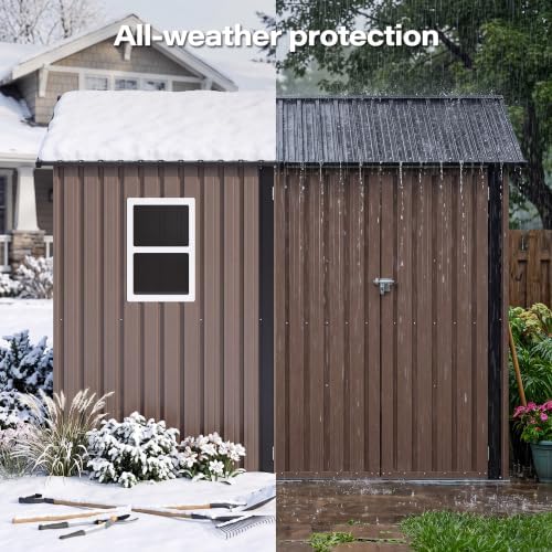 LAUSAINT HOME 8 x 6 FT Outdoor Storage Shed with Window, Galvanized Steel Storage Shed, Double Lockable Doors, Gable Roof & Air Vent for Backyard, Brown