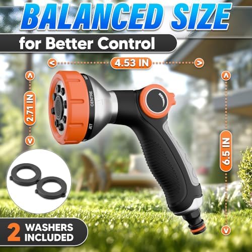 Metal Hose Sprayer Nozzle, 8 Spray Patterns, Flow Control, Black & Orange