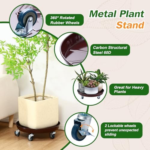 Planterhoma 3 Packs 18 Inch Metal Plant Caddy with Wheels Extra-large Rolling Plant Stand Heavy-duty Iron Plant Dolly Casters for Indoor Outdoor Flower Pot Mover Roller Coasters, Dark coffee