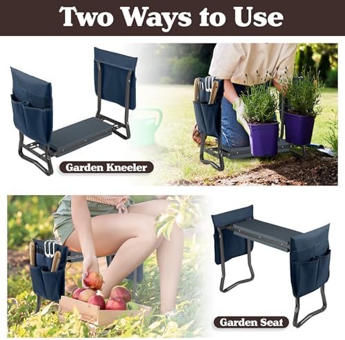 Pure Garden Garden Kneeler and Seat - Kneeling Pad Garden Stool with Tool Pouches - Gardening Gifts for Mom, Dad, Seniors, or Grandparents (Blue)