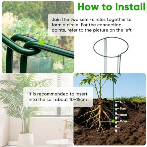 HiGift 16 Pack 24 Inch Plant Support Stakes, 10" Wide x 24" High Half Round Metal Garden Plant Stake Peony Support Cage, Green Plant Support Ring Border for Tomato,Hydrangea,Flower Indoor Outdoor