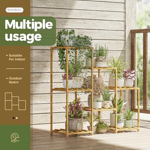Bamworld Bamboo Plant Stand Indoor Boho Plant Shelf Tiered Plant Rack