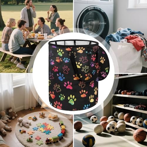 24 Gallon Collapsible Trash Can with Lid and Handles for Outdoor Camping Colorful Animal Paws Print Reusable Garbage Bin Garden Leaf Bin Home and Yard Waster Bag